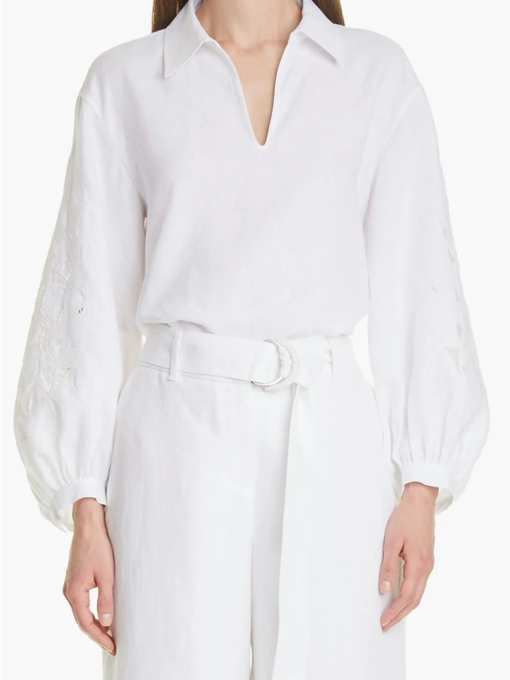 Lafayette 148 White Linen V-Neck Balloon Sleeve Top